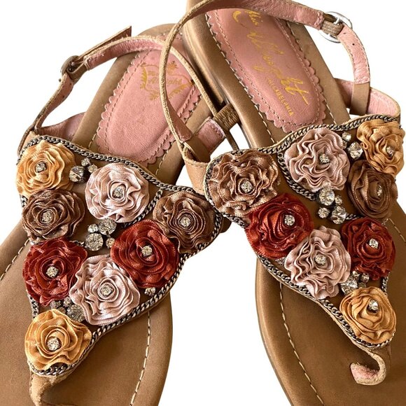 Anthropologie Miss Albright Floral Leather Sandals Sz 6 Boho Elegant Neutral - Picture 2 of 7